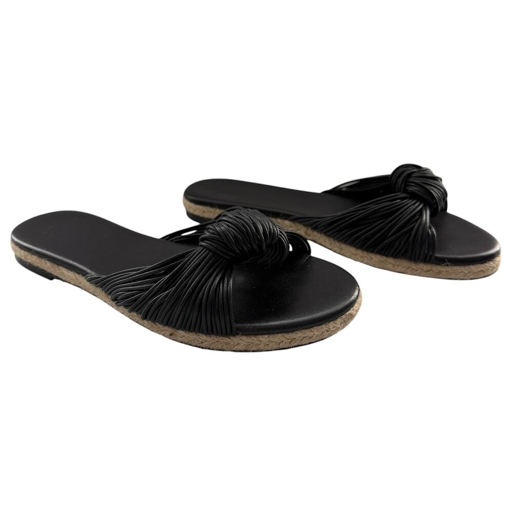 J. Crew Knotted Slide Sandals Black Cord Knot Detail Flat Espadrilles Size 6.5